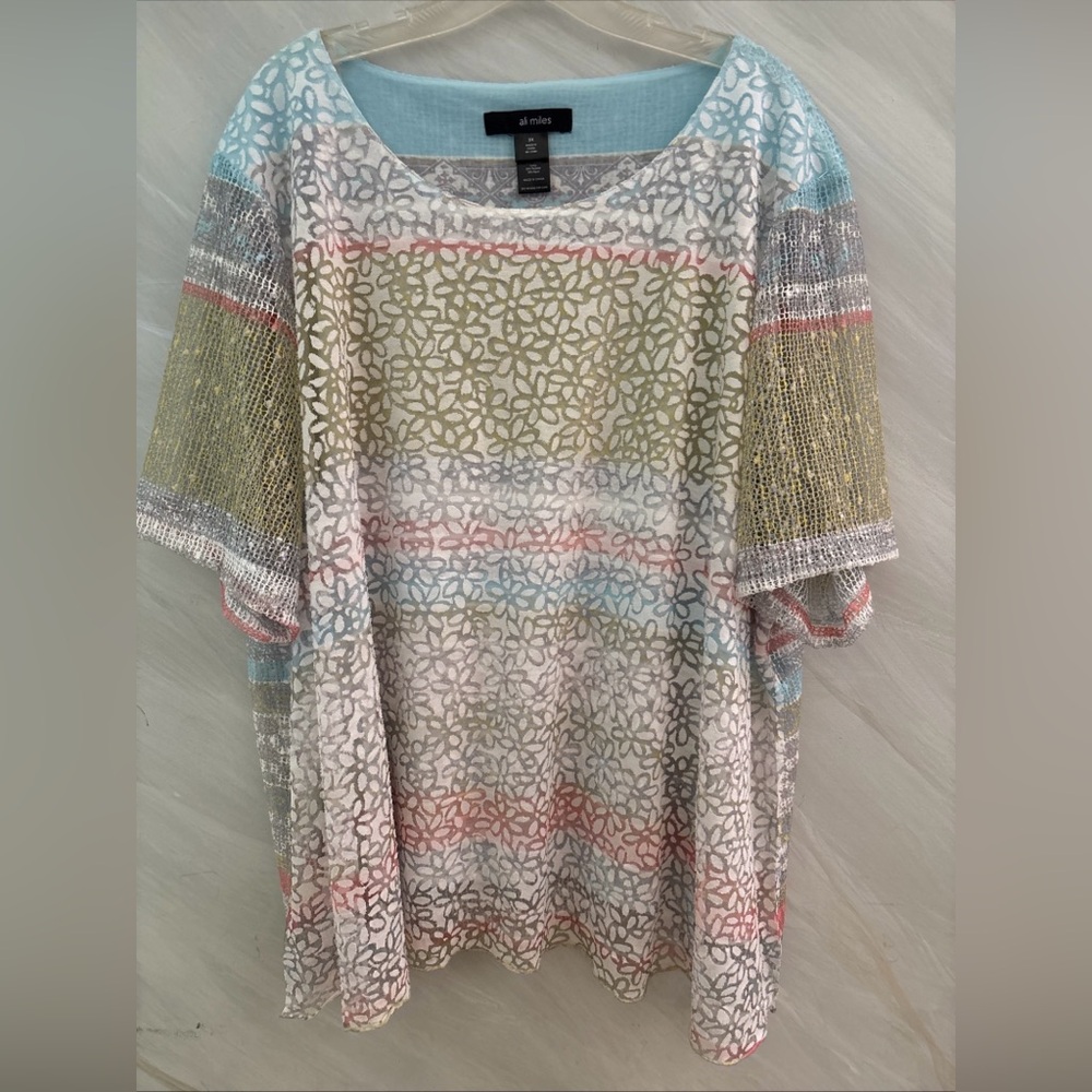 Ali Miles 3X Multicolor Burnout Mesh 3/4 Sleeve Striped Blouse Artsy